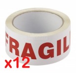 Fragile Red on White Packing Tape - 66m Long 48mm wide - BULK 12 Rolls